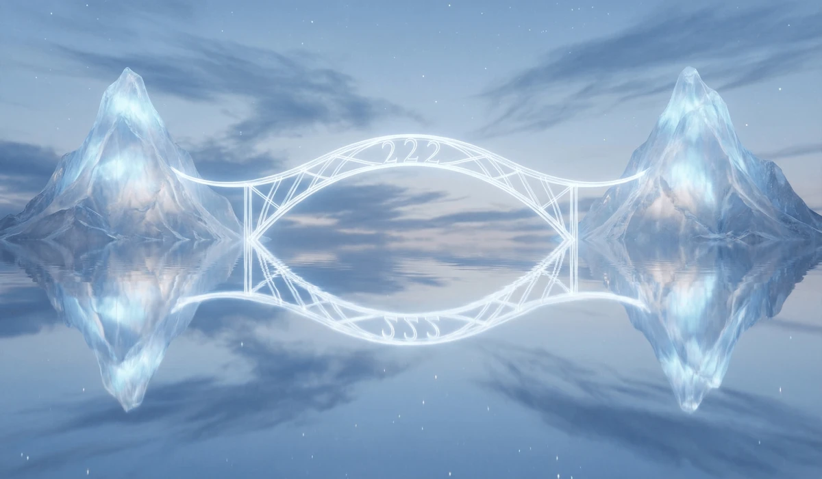 222 Angel Number Meaning: A Message of Peace, Balance, and Divine Alignment 1 - Buddha Bodhis A symmetrical spiritual landscape with a bridge of light representing the cosmic balance and dual philosophy of the 222 angel number.