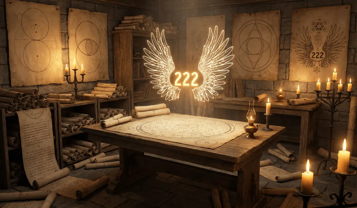 222 Angel Number Meaning: A Message of Peace, Balance, and Divine Alignment - Buddha Bodhis Ancient scrolls and sacred geometry diagrams illustrating the Pythagorean Dyad and the spiritual origins of angel number 222.
