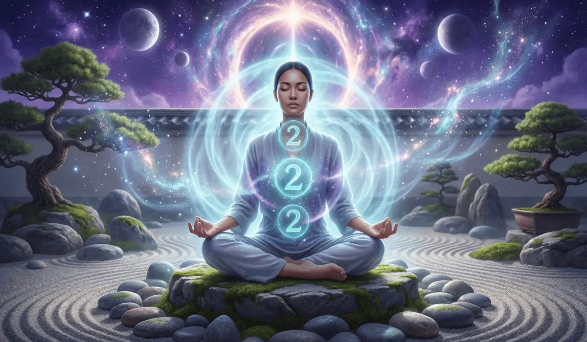 222 Angel Number Meaning: A Message of Peace, Balance, and Divine Alignment 4 - Buddha Bodhis Spiritual meditation scene with pale blue energy and 222 symbols visualizing the manifestation ritual and divine alignment.