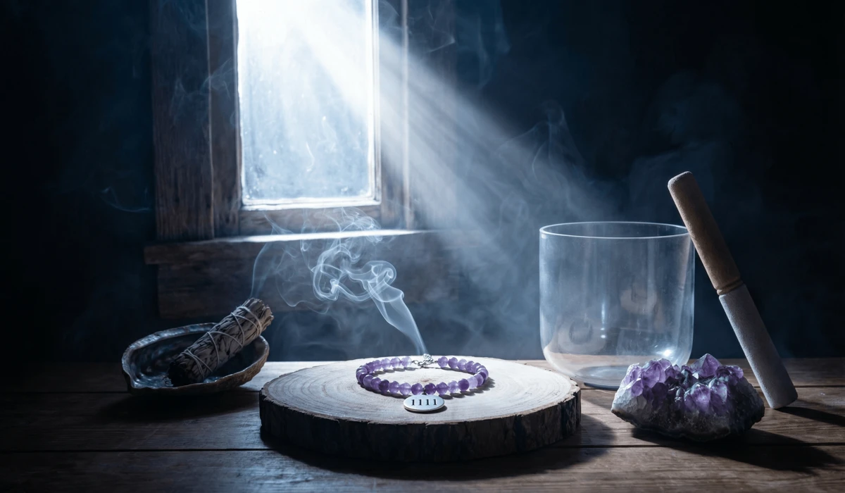 How to Use Angel Numbers and Crystals to Accelerate Your Manifestation 4 - Buddha Bodhis Angel number manifestation jewelry being charged under full moonlight with sage smoke for spiritual cleansing.