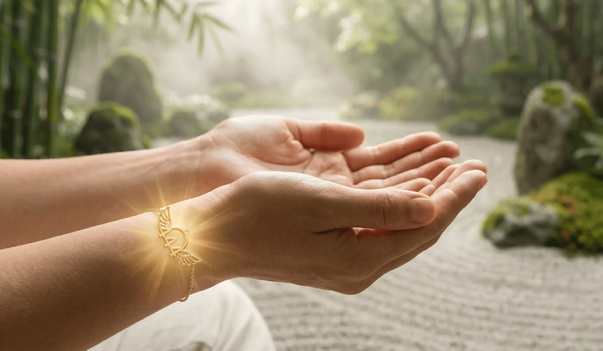 How to Use Angel Numbers and Crystals to Accelerate Your Manifestation 2 - Buddha Bodhis Close-up of a woman wearing angel number jewelry on her receiving hand during a manifestation meditation.