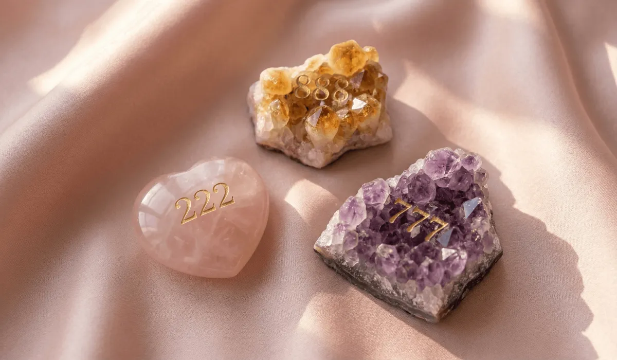 How to Use Angel Numbers and Crystals to Accelerate Your Manifestation 1 - Buddha Bodhis Collection of manifestation crystals like Rose Quartz and Citrine paired with angel numbers 222, 888, and 777 for chakra alignment.