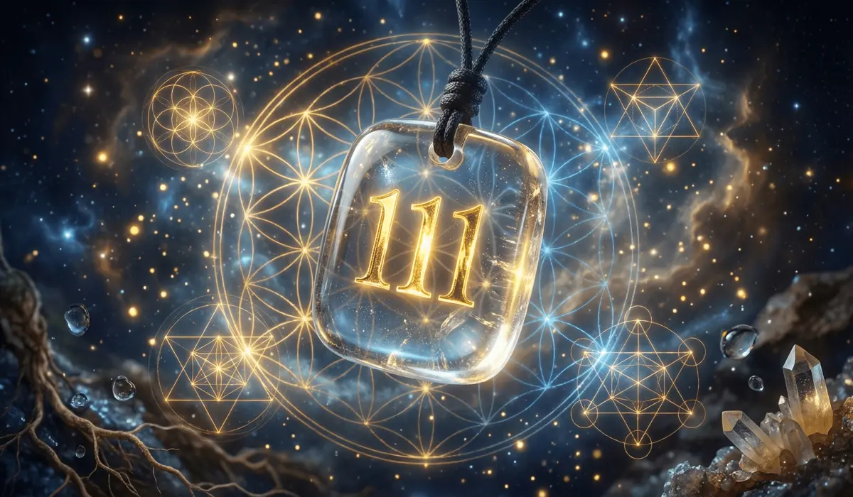 How to Use Angel Numbers and Crystals to Accelerate Your Manifestation - Buddha Bodhis A glowing Clear Quartz crystal with angel number 111 engraved, surrounded by sacred geometry to illustrate manifestation energy.