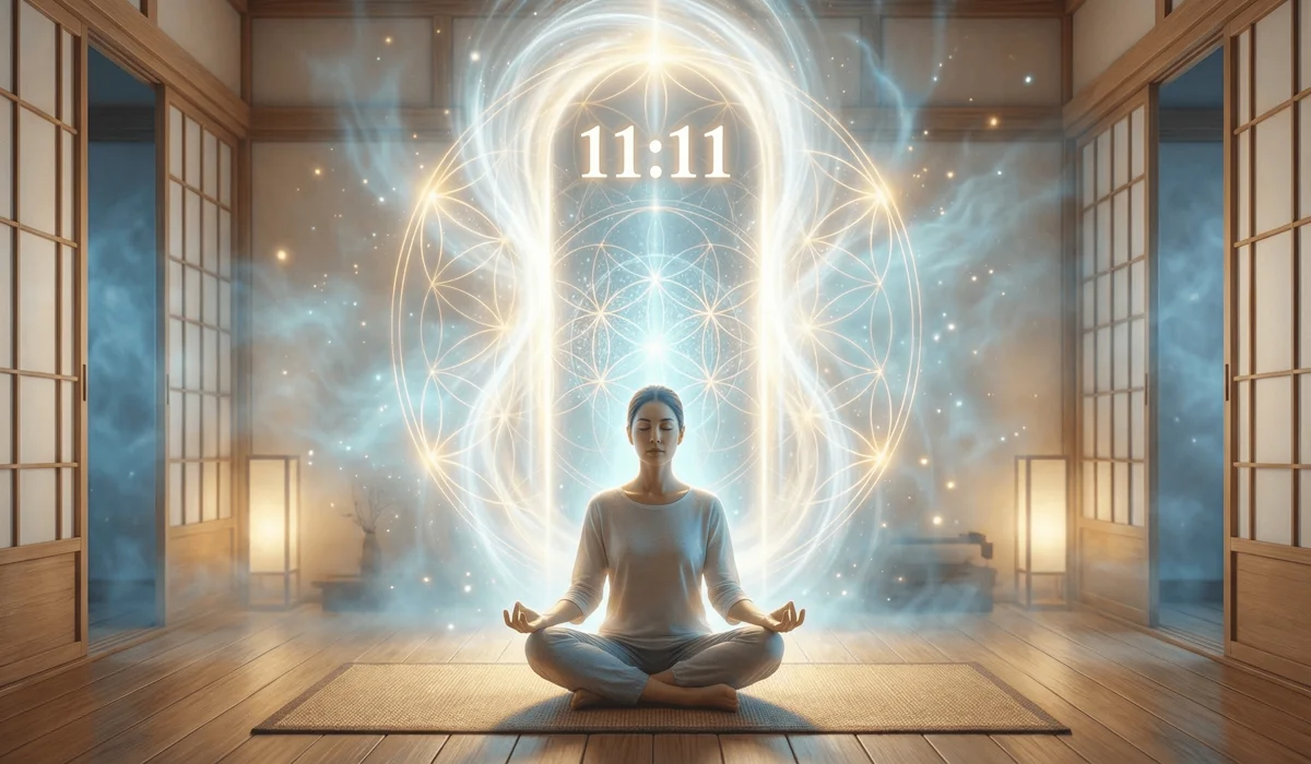 The Complete Guide to Angel Numbers: 111–999 Meanings and Spiritual Symbolism 4 - Buddha Bodhis A person meditating in front of a glowing 11:11 light portal, symbolizing spiritual awakening, manifestation, and the gateway to higher consciousness.