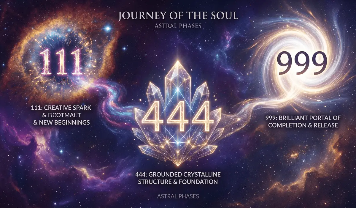 The Complete Guide to Angel Numbers: 111–999 Meanings and Spiritual Symbolism 1 - Buddha Bodhis A visual representation of the soul's journey from initiation to ascension using angel numbers 111, 444, and 999 in a cosmic setting.