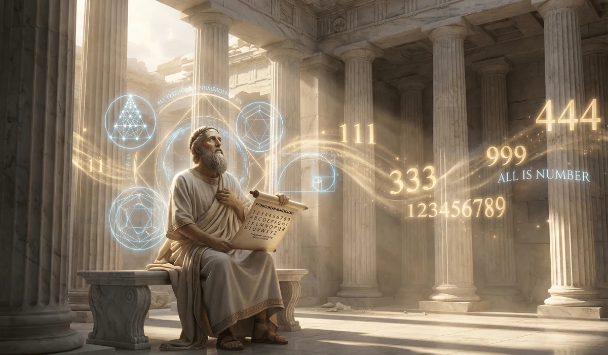 The Complete Guide to Angel Numbers: 111–999 Meanings and Spiritual Symbolism - Buddha Bodhis Ancient Greek philosopher Pythagoras surrounded by glowing sacred geometry and spiritual angel number symbols, representing the origin of numerology.