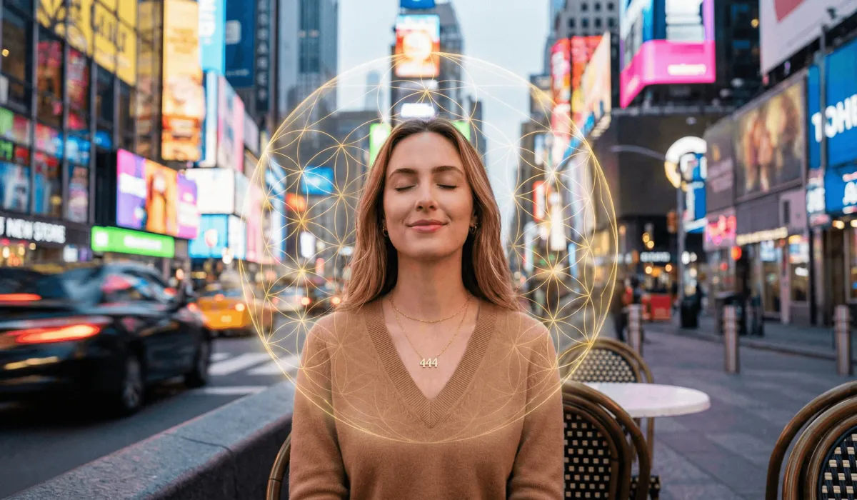 The Complete Guide to Angel Numbers: 111–999 Meanings and Spiritual Symbolism 2 - Buddha Bodhis Close-up of a woman wearing a 444 angel number necklace as a protective spiritual talisman against digital burnout and urban stress.