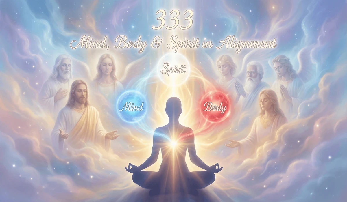 The Meaning of Angel Number 333: Finding Peace, Faith, and Support During Change 1 - Buddha Bodhis Spiritual alignment of mind, body, and spirit under the guidance of Ascended Masters, symbolizing the hidden philosophy of angel number 333.