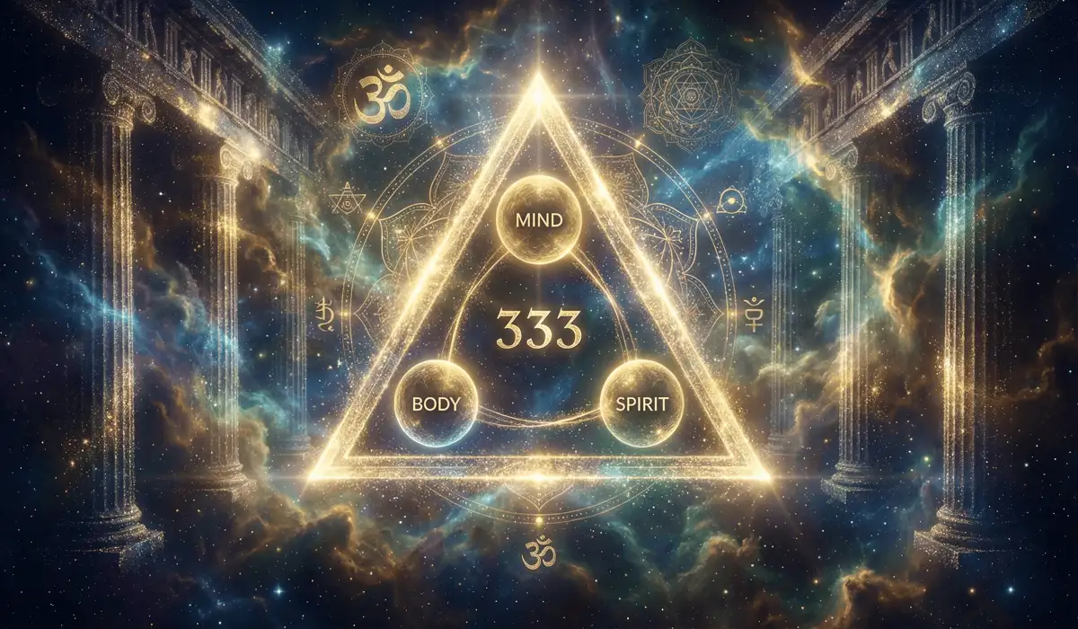 The Meaning of Angel Number 333: Finding Peace, Faith, and Support During Change - Buddha Bodhis Sacred geometry representation of the number 333 featuring a glowing golden triangle and ancient cosmic symbols of creation.