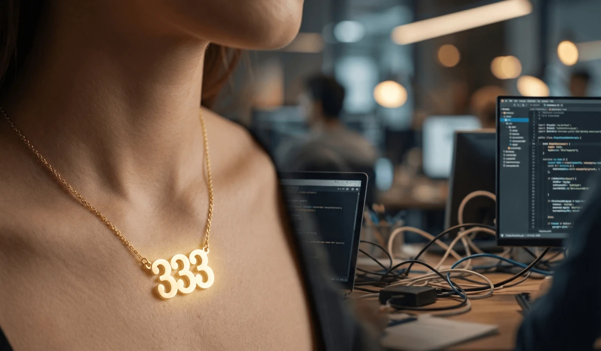 The Meaning of Angel Number 333: Finding Peace, Faith, and Support During Change 2 - Buddha Bodhis A close-up of 333 angel number jewelry worn as a spiritual anchor to provide stability and mindfulness in a busy modern world.