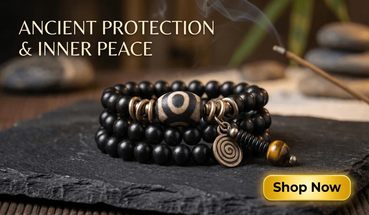 The Meaning of Angel Number 333: Finding Peace, Faith, and Support During Change 3 - Buddha Bodhis Three-Eyed Dzi Bead Bracelet - Tibetan Protection Mala with black beads and bronze charms, luxury e-commerce blog illustration with Shop Now button.