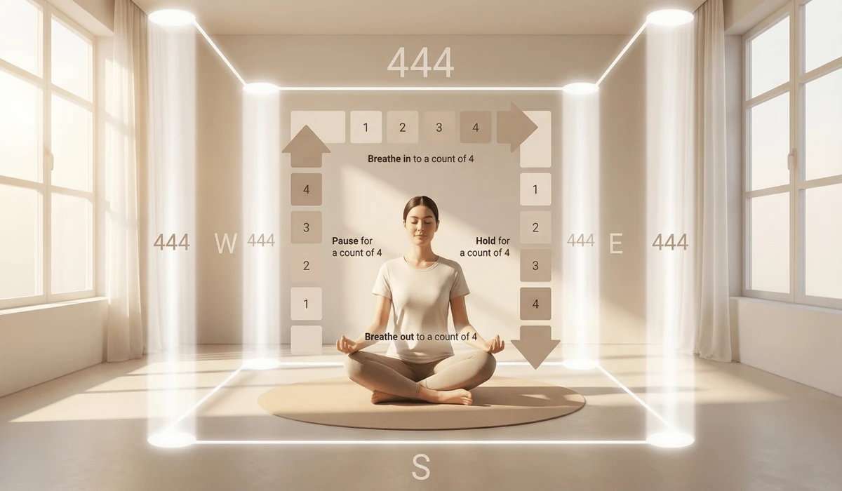 The Meaning of Angel Number 444: Why You Are Seeing This Sign of Divine Protection 4 - Buddha Bodhis A person practicing the Sacred Square meditation and box breathing ritual for 444 angel number transformation and stability.