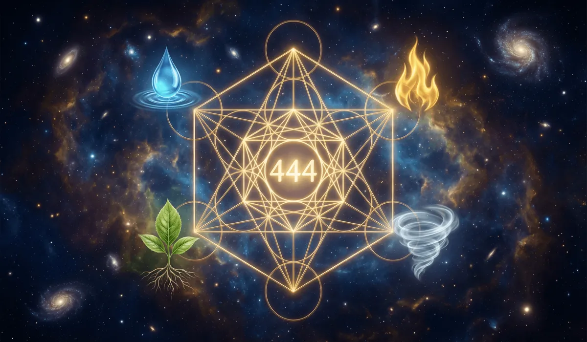 The Meaning of Angel Number 444: Why You Are Seeing This Sign of Divine Protection - Buddha Bodhis Sacred geometry and Metatron's Cube featuring angel number 444 with symbols of the four elements representing divine lore and ancient origins.