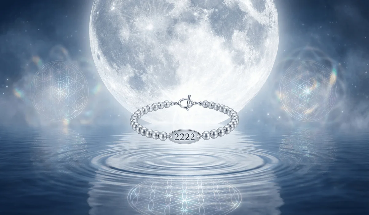2222 Angel Number Bracelets: A Review of Sterling Silver Manifestation Jewelry 1 - Buddha Bodhis A silver 2222 bracelet floating over moonlit water, symbolizing spiritual balance, intuition, and sacred geometry.