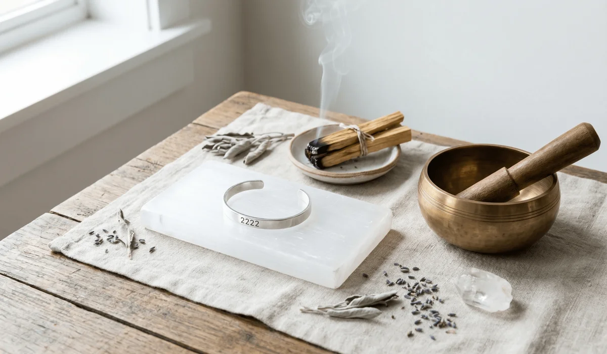 2222 Angel Number Bracelets: A Review of Sterling Silver Manifestation Jewelry 4 - Buddha Bodhis A silver 2222 bracelet being cleansed on a Selenite plate with Palo Santo smoke to maintain its spiritual energy.
