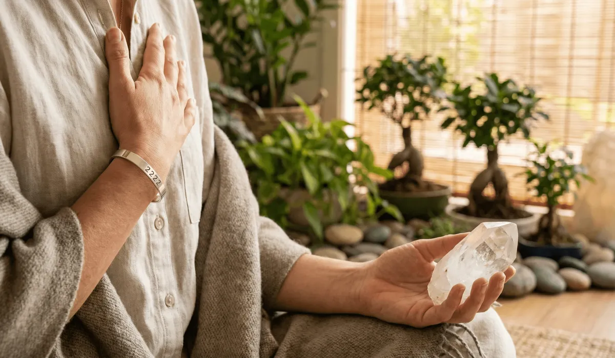 2222 Angel Number Bracelets: A Review of Sterling Silver Manifestation Jewelry 2 - Buddha Bodhis A woman wearing a silver 2222 manifestation bracelet during a meditation and intention-setting practice.