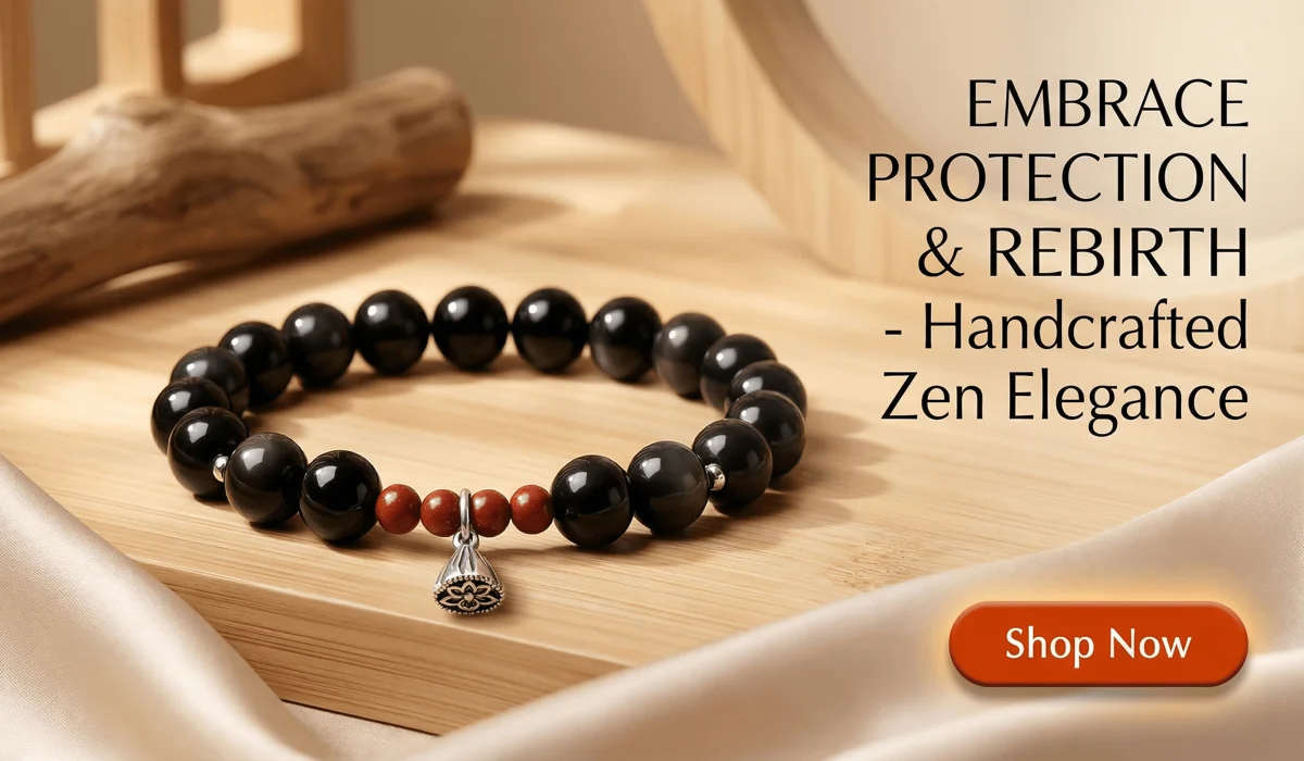 2222 Angel Number Bracelets: A Review of Sterling Silver Manifestation Jewelry 3 - Buddha Bodhis Black Obsidian and Silver Lotus Bracelet for Protection and Rebirth - Premium Zen Jewelry with Shop Now Button