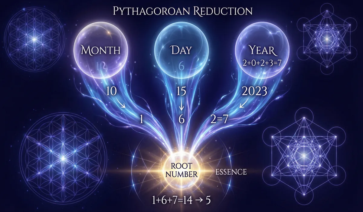 How to Calculate Your Life Path Number: A Complete Guide to Finding Your Purpose 1 - Buddha Bodhis A visual representation of the Pythagorean Reduction method in numerology showing the merging of birthdate units into a single vibration.