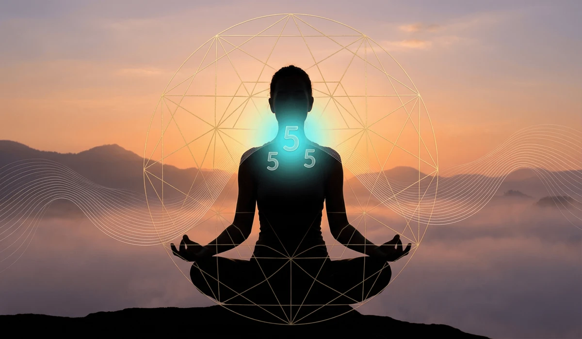 The Meaning of Angel Number 555: Embracing Major Life Changes and Spiritual Growth 4 - Buddha Bodhis Meditation visual showing Throat Chakra activation and the 555 breathwork ritual for manifesting life path transitions.