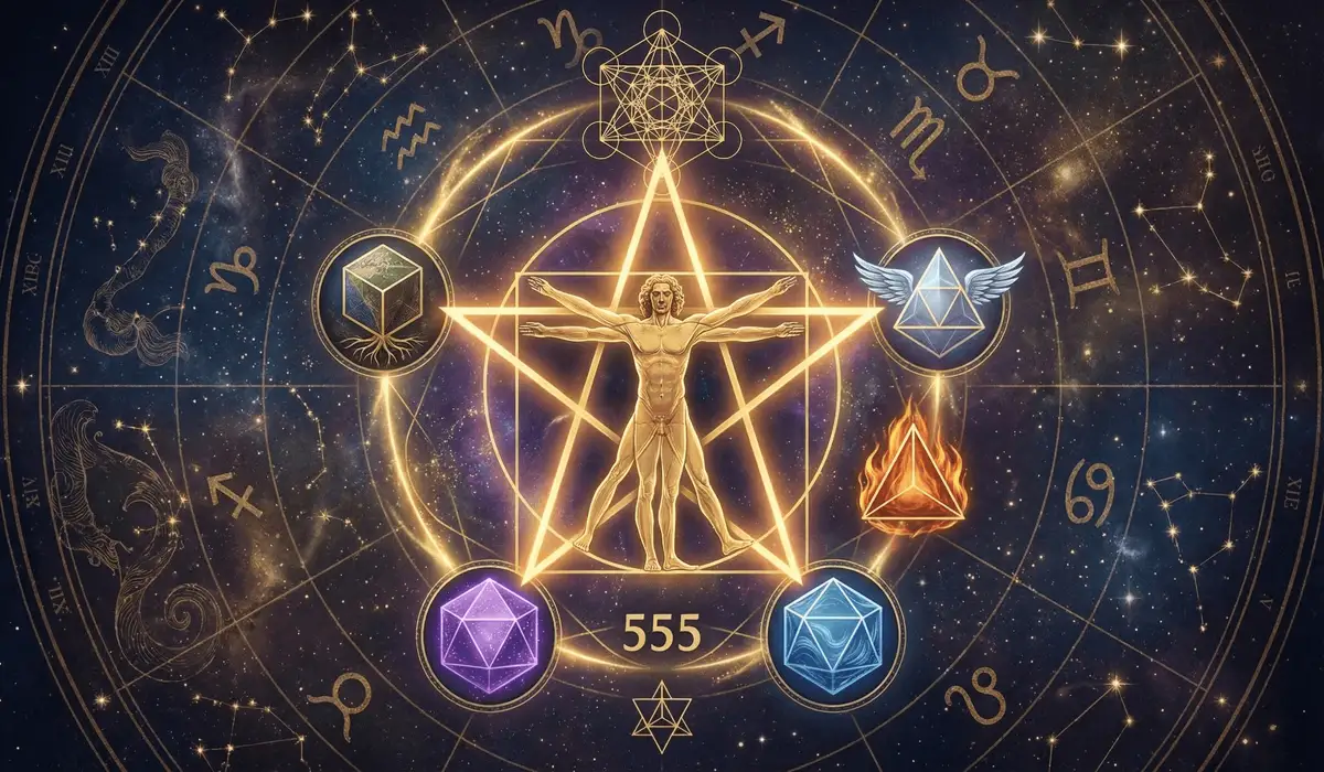 The Meaning of Angel Number 555: Embracing Major Life Changes and Spiritual Growth - Buddha Bodhis Sacred geometry illustration of the Pythagorean Pentad and five elements representing the ancient origins of Angel Number 555.
