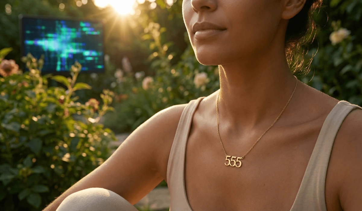 The Meaning of Angel Number 555: Embracing Major Life Changes and Spiritual Growth 3 - Buddha Bodhis A minimalist gold 555 angel number necklace worn as a spiritual anchor to combat digital burnout and stay present during life changes.