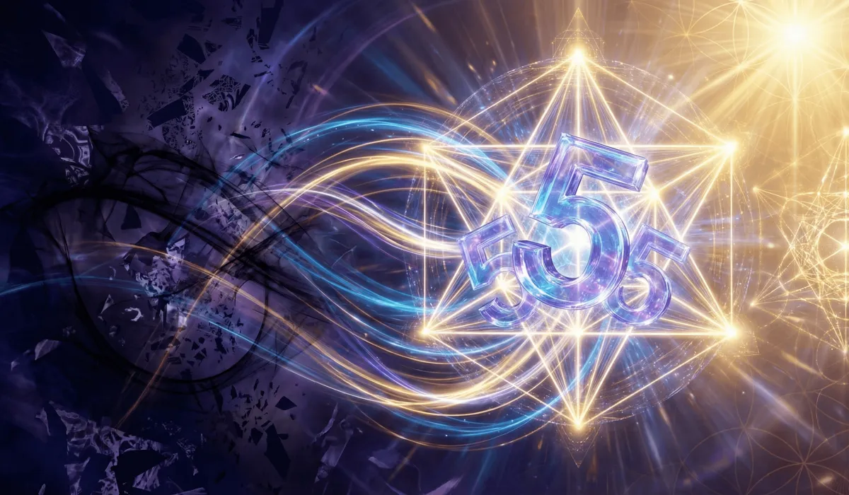 The Meaning of Angel Number 555: Embracing Major Life Changes and Spiritual Growth 1 - Buddha Bodhis A glowing Merkabah light vehicle with triple five digits symbolizing spiritual metamorphosis and the transition between dimensions.