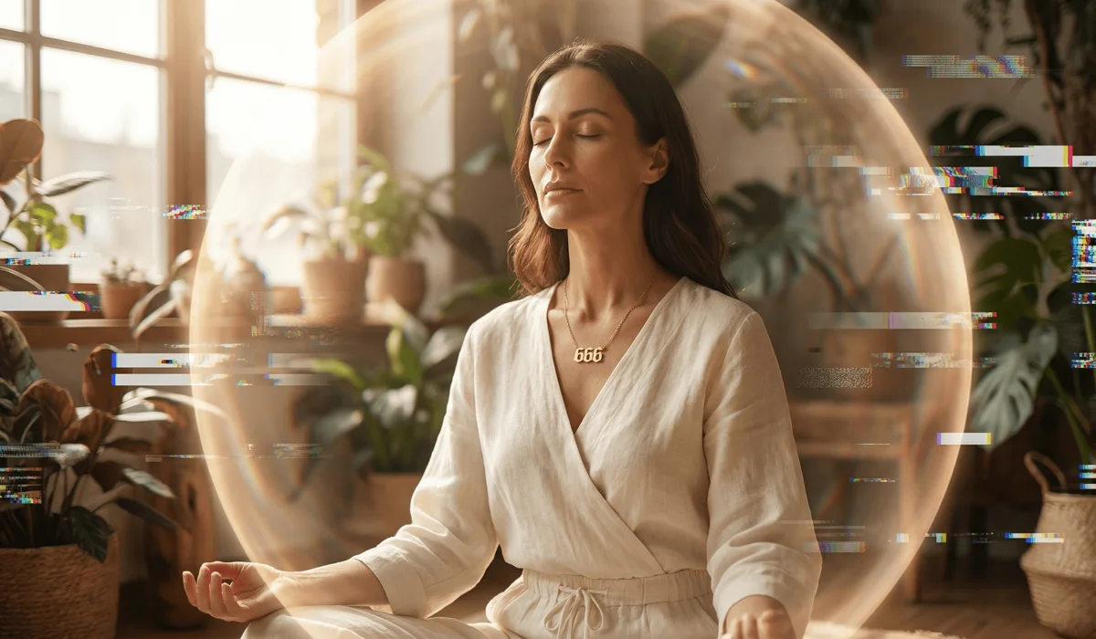 666 Angel Number Meaning: A Spiritual Guide to Finding Balance and Embracing Change 3 - Buddha Bodhis A woman wearing a 666 angel number necklace as a mindfulness anchor to protect against digital burnout and find inner balance.