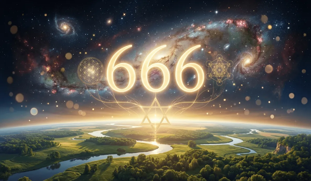 666 Angel Number Meaning: A Spiritual Guide to Finding Balance and Embracing Change - Buddha Bodhis Angel number 666 glowing in gold between Earth and the cosmos, symbolizing spiritual rebalancing and the union of material and divine worlds.