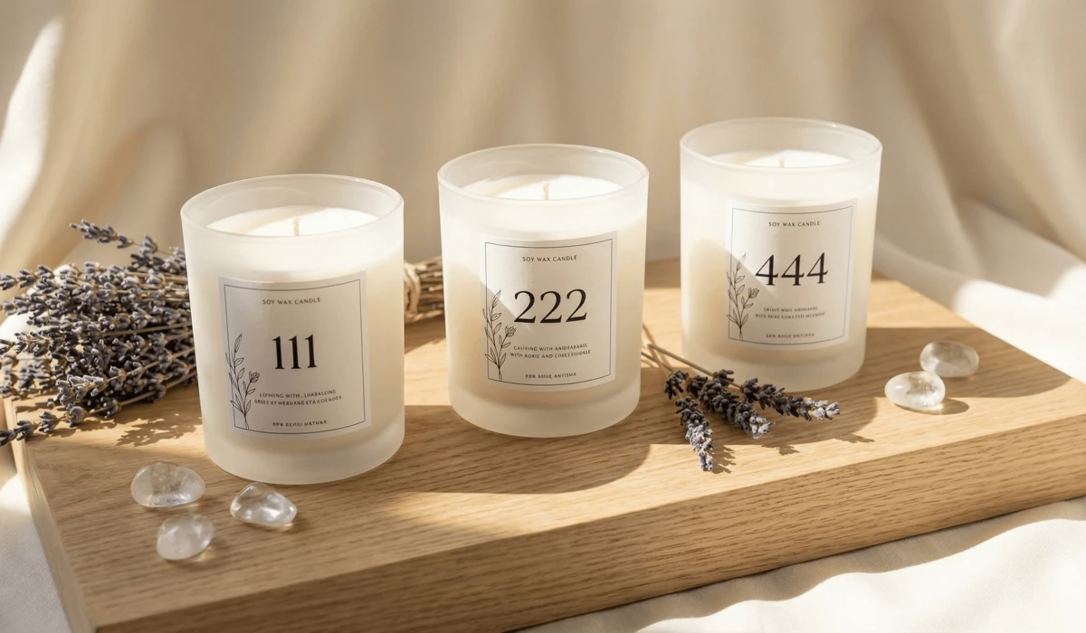 The Ultimate Guide to Angel Number Candle Sets for Mindfulness and Manifestation - Buddha Bodhis A minimalist Angel Number Candle Set featuring 111, 222, and 444 labels on a wooden altar with crystals and lavender for mindfulness.