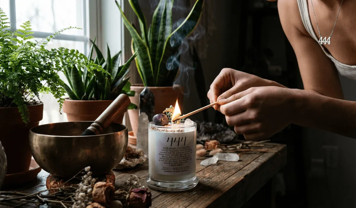The Ultimate Guide to Angel Number Candle Sets for Mindfulness and Manifestation 2 - Buddha Bodhis Close-up of a person lighting a 444 protection candle while wearing angel number jewelry in a sacred space.