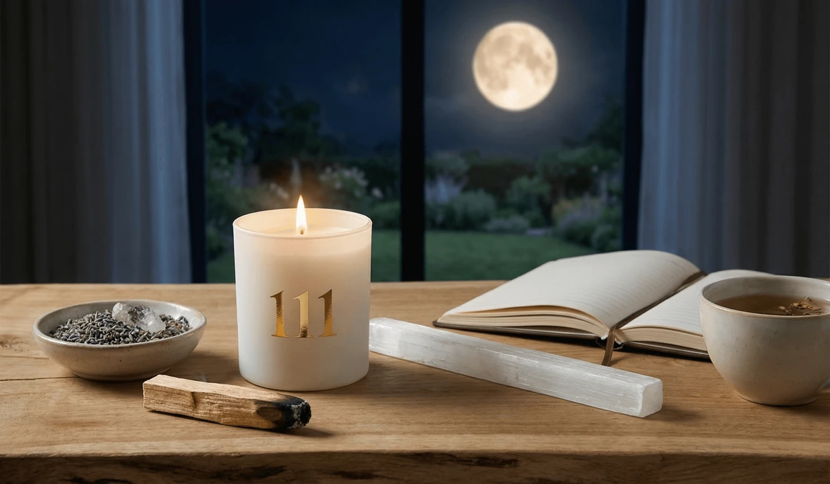 The Ultimate Guide to Angel Number Candle Sets for Mindfulness and Manifestation 4 - Buddha Bodhis Angel number candles being cleansed with palo santo and selenite under moonlight for energy charging.