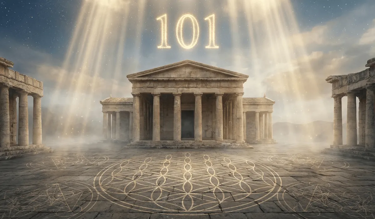 Angel Number 101: Discover the Spiritual Meaning and Significance of This Divine Sign - Buddha Bodhis Angel Number 101 appearing as a divine sign over ancient sacred architecture, symbolizing spiritual origins and Pythagorean numerology.