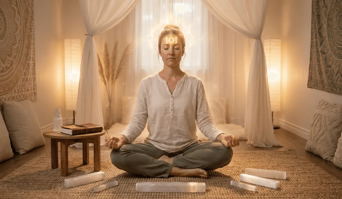 Angel Number 101: Discover the Spiritual Meaning and Significance of This Divine Sign 4 - Buddha Bodhis A meditation practice showing the visualization of Angel Number 101 at the third eye chakra for spiritual awakening and manifestation.