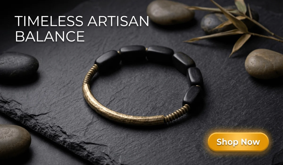 Angel Number 101: Discover the Spiritual Meaning and Significance of This Divine Sign 3 - Buddha Bodhis Artisan handmade hammered brass and ebony wood bracelet for balance, styled for a luxury blog with a Shop Now button.