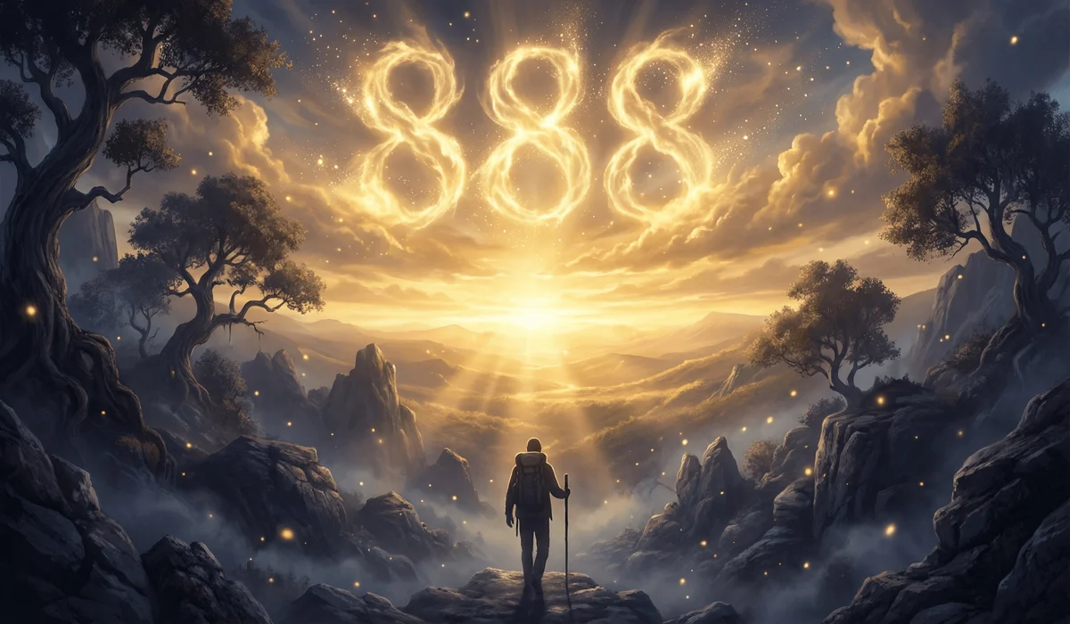 888 Angel Number Meaning: A Spiritual Guide to Abundance and Prosperity - Buddha Bodhis 888 angel number appearing as a divine golden light in the sky, symbolizing the transition from scarcity to spiritual and financial abundance.