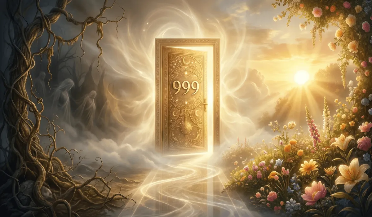 999 Angel Number Meaning: Embracing Completion and New Beginnings - Buddha Bodhis Angel number 999 symbolizing the soul's threshold between completion and new spiritual beginnings.
