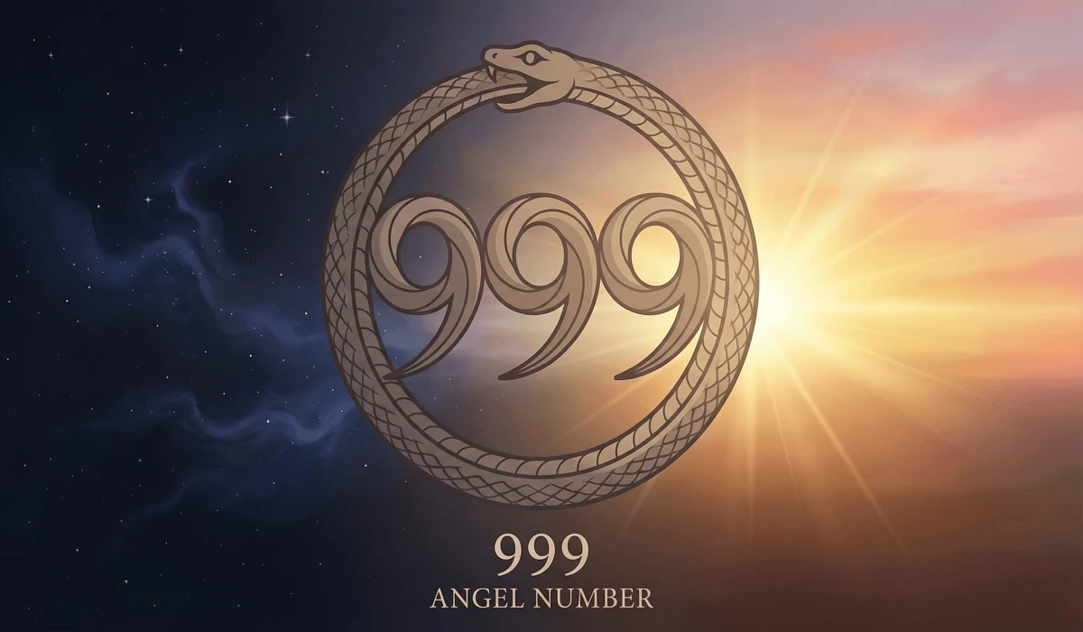 999 Angel Number Meaning: Embracing Completion and New Beginnings 2 - Buddha Bodhis The Ouroboros and 999 angel number illustrating the wisdom of impermanence and the cycle of rebirth.