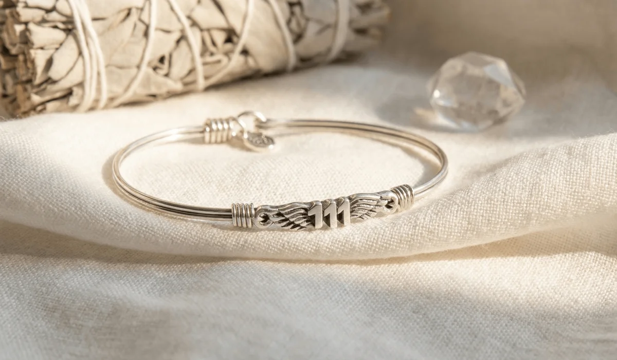 How to Personalize and Activate Your Angel Number Bracelet for Manifestation - Buddha Bodhis A 111 angel number sterling silver bracelet on white linen with spiritual cleansing tools in the background.