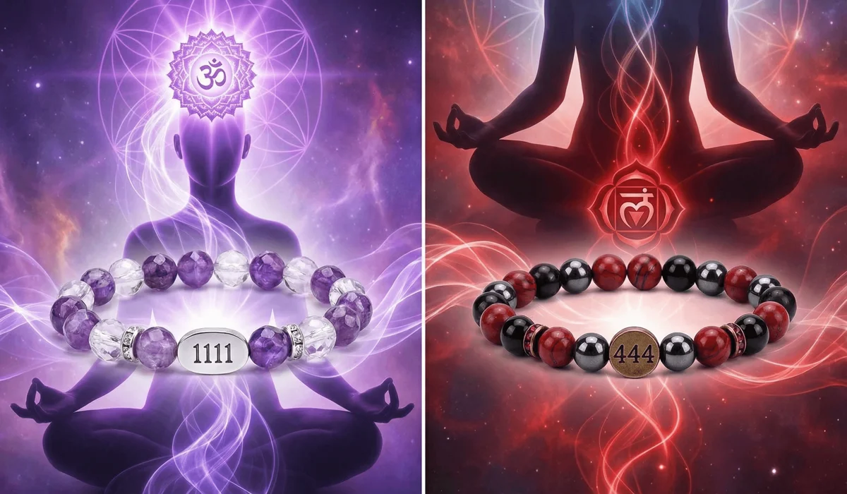 How to Personalize and Activate Your Angel Number Bracelet for Manifestation 1 - Buddha Bodhis Visual representation of angel number bracelets' association with Crown and Root Chakras for manifestation and protection.