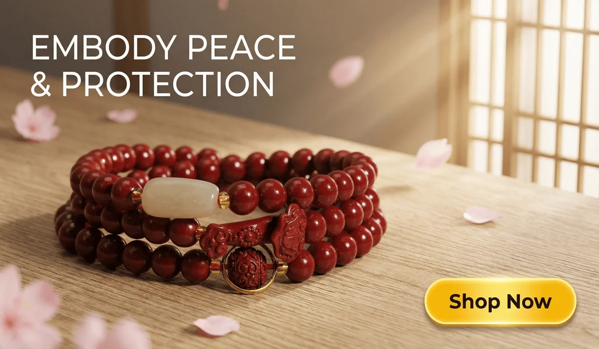 How to Personalize and Activate Your Angel Number Bracelet for Manifestation 4 - Buddha Bodhis Handcrafted Natural Red Cinnabar Ruyi Mala Bracelet for Manifestation and Protection, featuring a white jade bead and Ruyi charm on a Zen background with a Shop Now button.