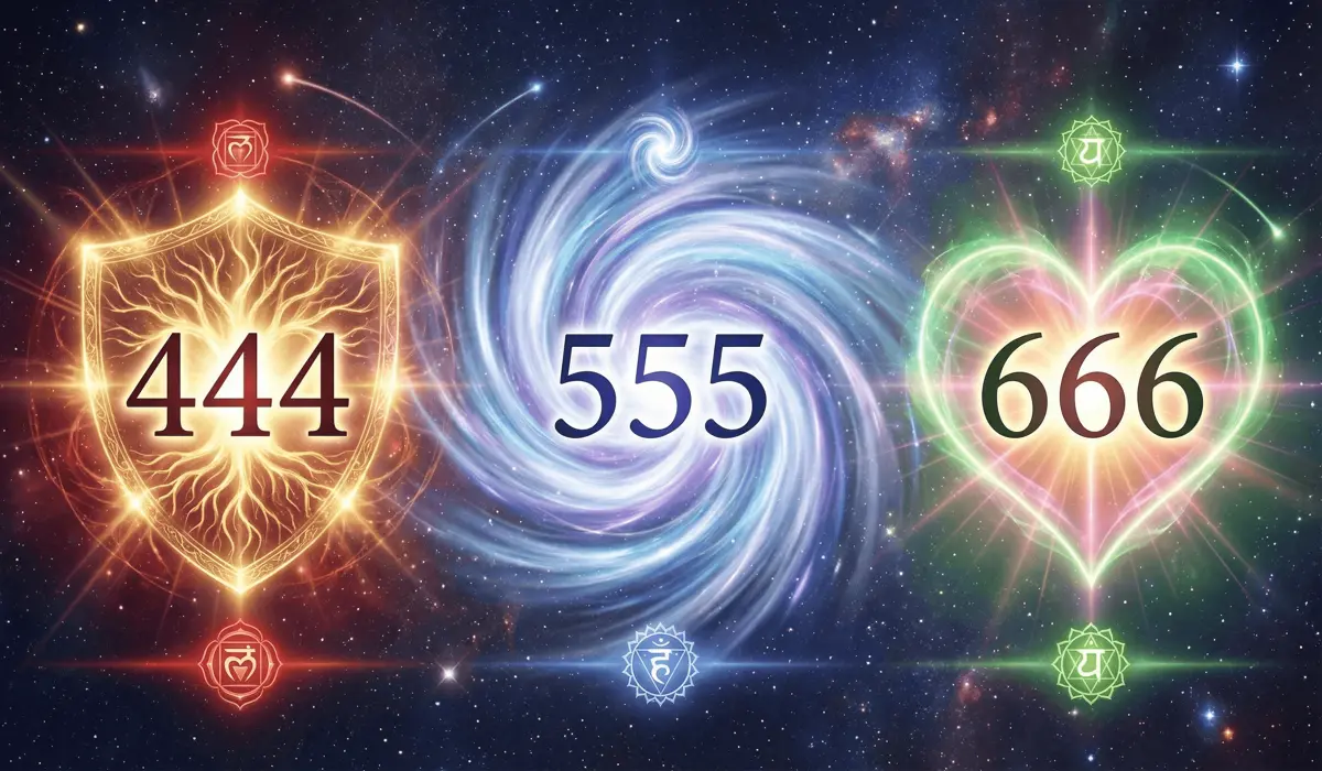 The Spiritual Significance of Stacking 444, 555, and 666 Angel Number Rings 1 - Buddha Bodhis Visual representation of the spiritual meanings of 444 protection, 555 change, and 666 balance and heart chakra alignment.