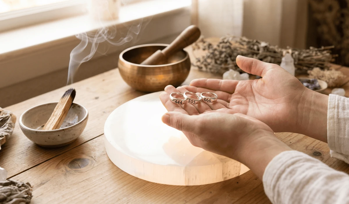 The Spiritual Significance of Stacking 444, 555, and 666 Angel Number Rings 4 - Buddha Bodhis How to cleanse and charge angel number rings using a selenite plate and palo santo smoke for spiritual maintenance.