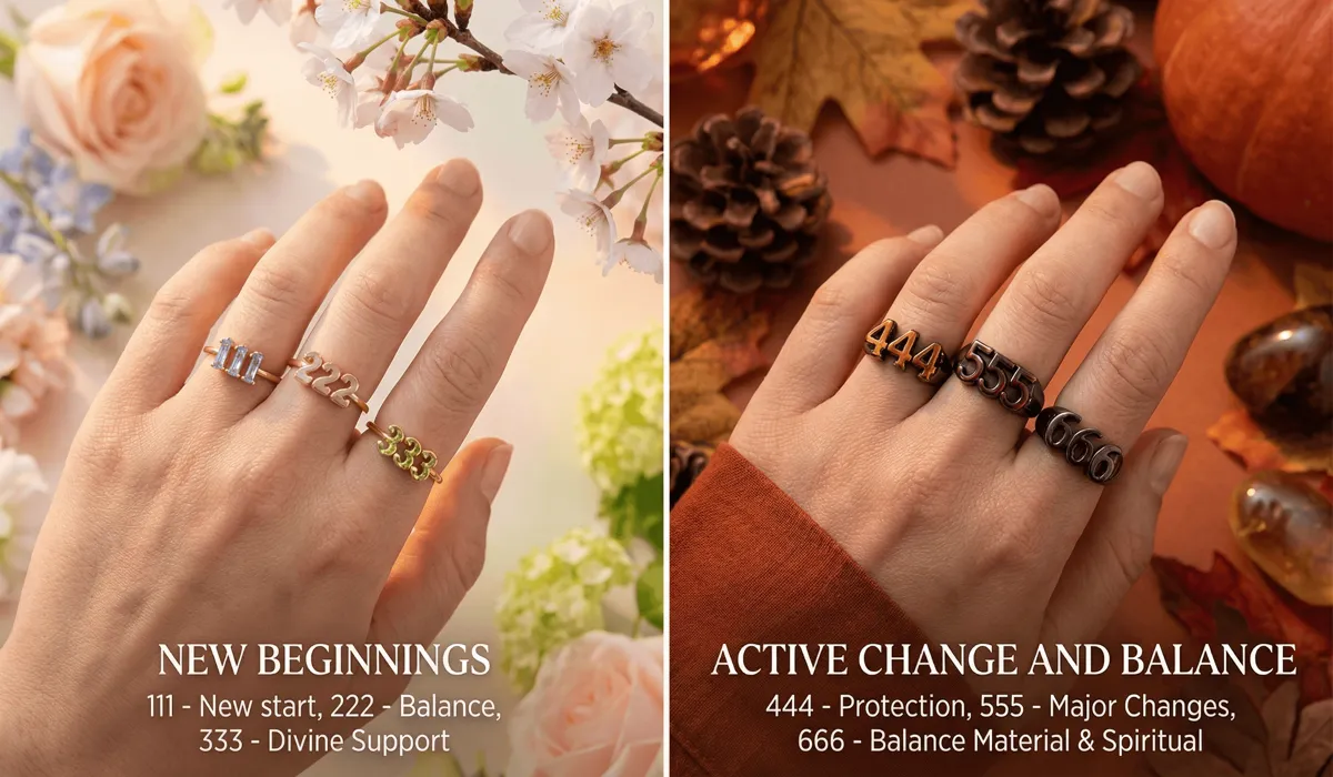 The Spiritual Significance of Stacking 444, 555, and 666 Angel Number Rings 2 - Buddha Bodhis Comparison between 111-222-333 and 444-555-666 angel number ring stacks, highlighting different spiritual intentions.