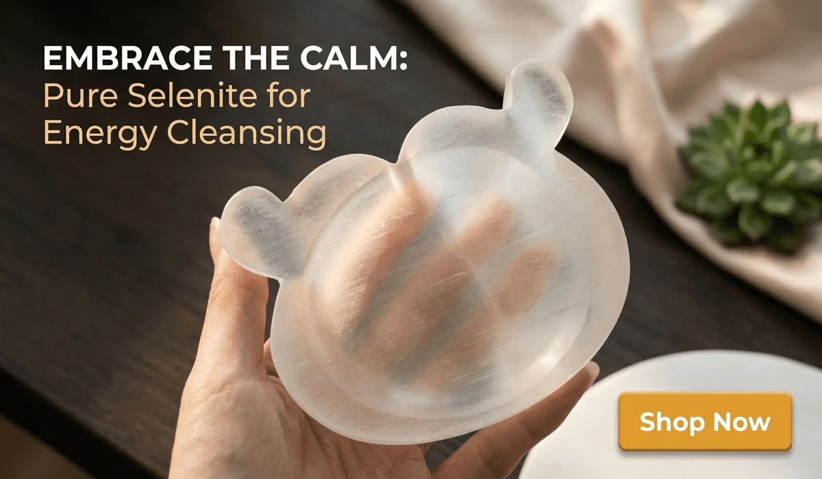 The Spiritual Significance of Stacking 444, 555, and 666 Angel Number Rings 3 - Buddha Bodhis Natural Moroccan Selenite Ox Bowl and Crystal Cleansing Plate for energy healing and meditation, featuring a Shop Now button for e-commerce blog.