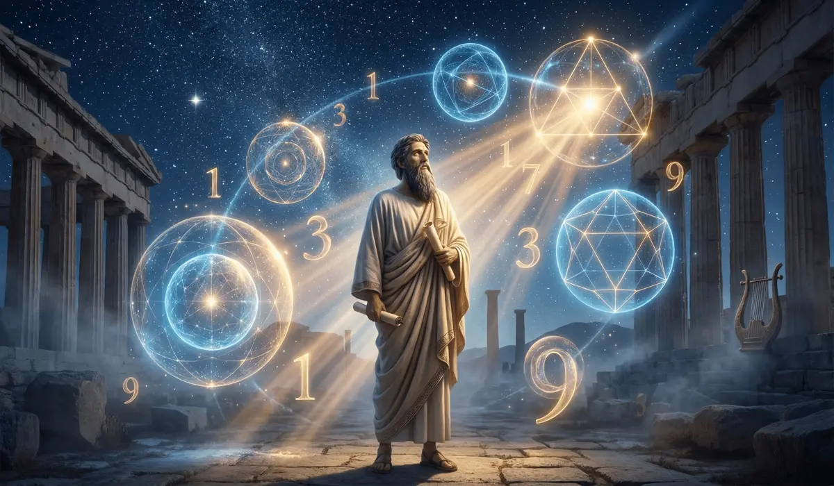 The Hidden Meaning of Number Sequences: A Guide to Angel Numbers and Spiritual Synchronicity - Buddha Bodhis Ancient philosopher Pythagoras surrounded by floating golden numbers and sacred geometry under a starry sky, representing the origins of numerology.