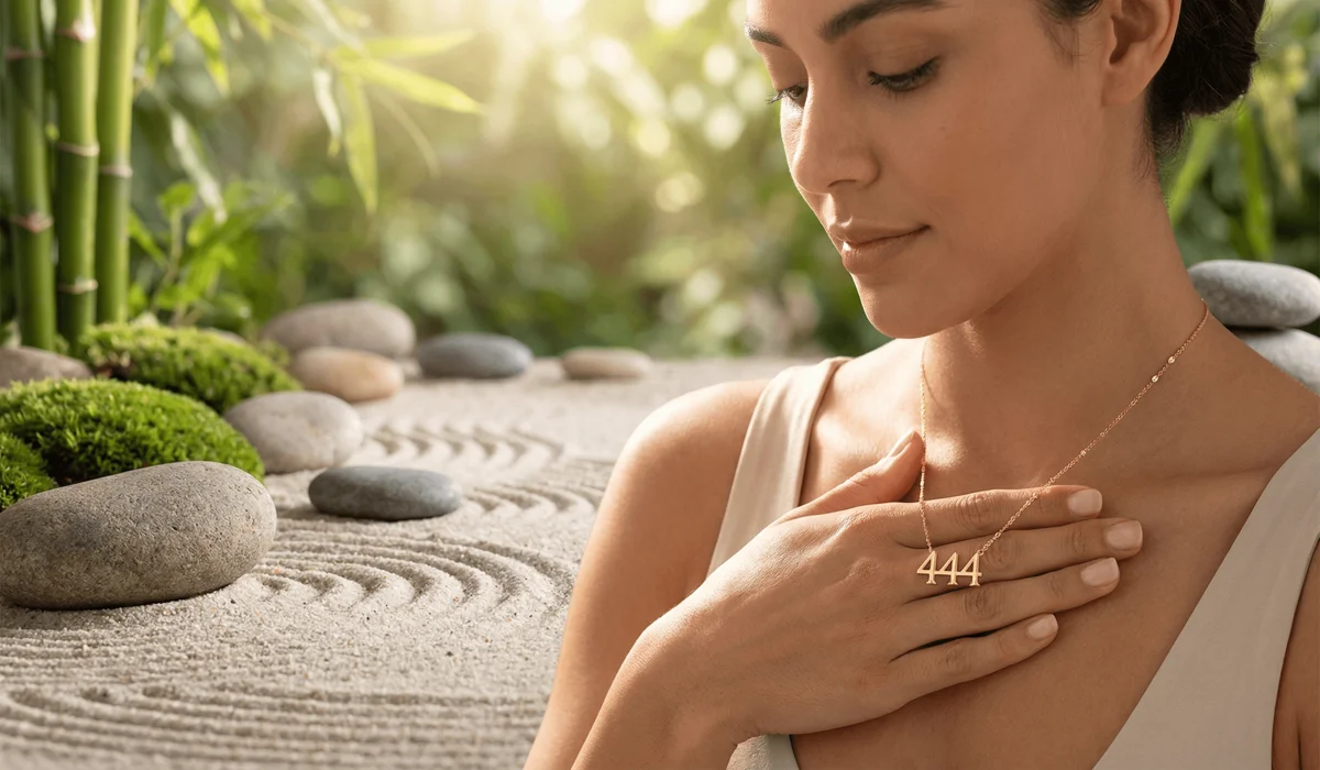 The Hidden Meaning of Number Sequences: A Guide to Angel Numbers and Spiritual Synchronicity 3 - Buddha Bodhis Elegant gold 444 angel number necklace worn as a spiritual amulet for protection and mindfulness.