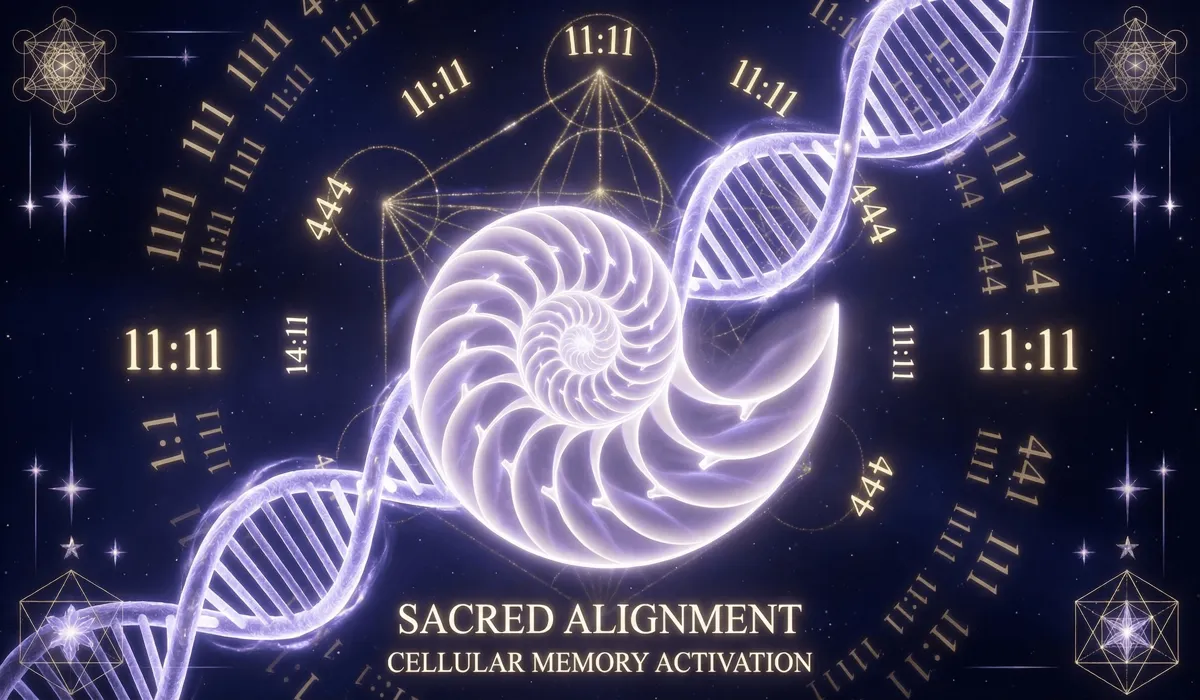 The Hidden Meaning of Number Sequences: A Guide to Angel Numbers and Spiritual Synchronicity 1 - Buddha Bodhis A glowing Fibonacci spiral and DNA strand integrated with angel number light codes like 11:11, symbolizing spiritual and biological alignment.
