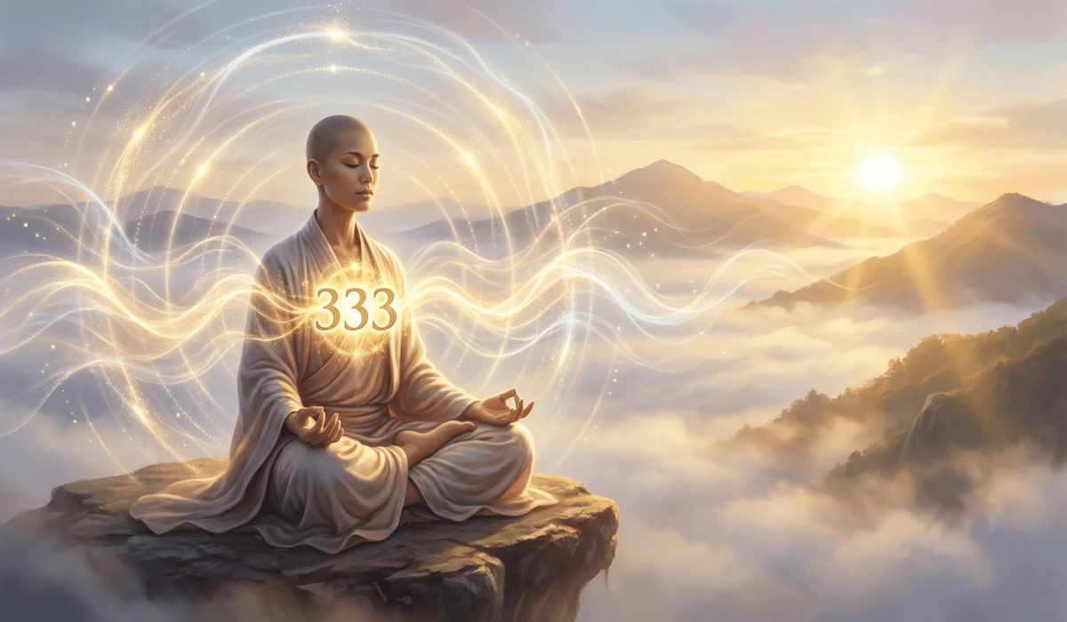 The Hidden Meaning of Number Sequences: A Guide to Angel Numbers and Spiritual Synchronicity 4 - Buddha Bodhis A person meditating with a glowing 333 angel number at their heart chakra, illustrating spiritual manifestation and meditation rituals.