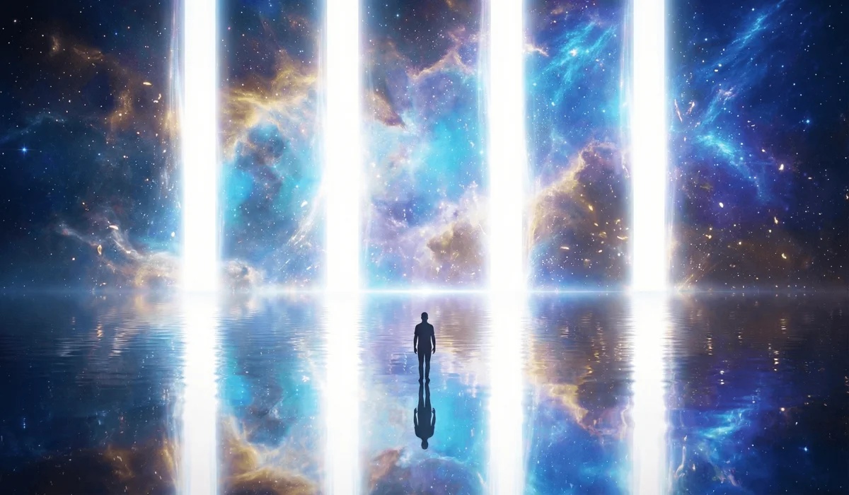 1111 Angel Number Meaning: Understanding Your Spiritual Wake-Up Call 1 - Buddha Bodhis Symbolic representation of the 11:11 portal as four pillars of light acting as a gateway between the physical and spiritual realms.