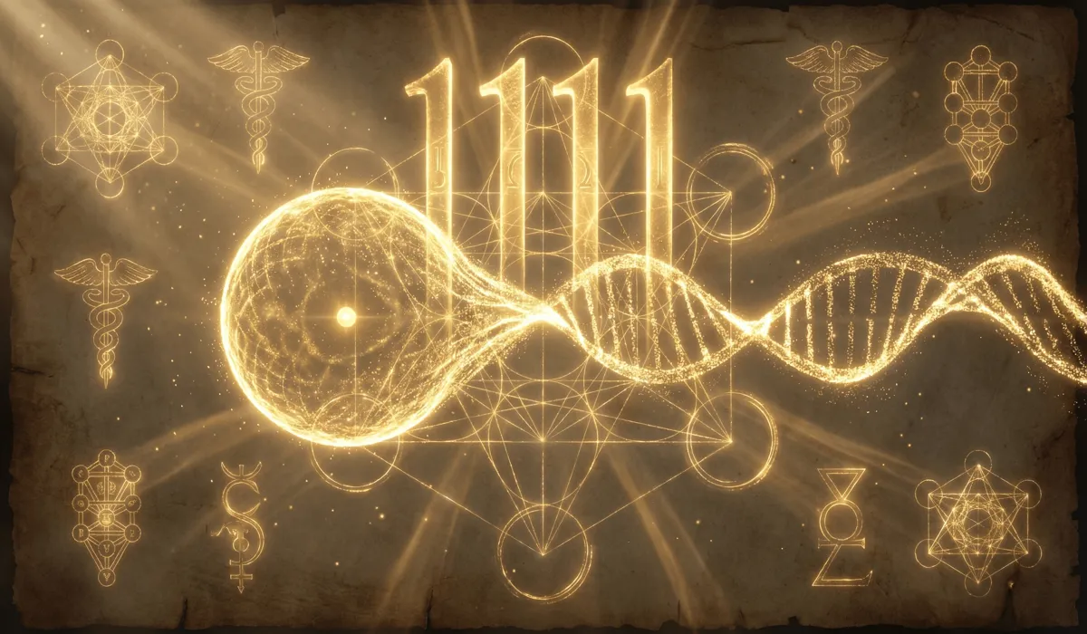 1111 Angel Number Meaning: Understanding Your Spiritual Wake-Up Call - Buddha Bodhis A mystical depiction of 1111 angel number frequency activating spiritual DNA with sacred geometry and golden Pythagorean Monad symbols.